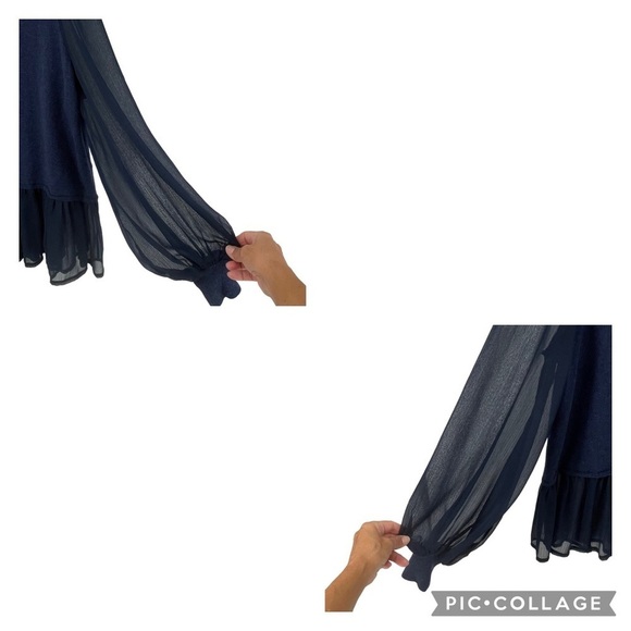 DG2 by Diane Gilman Navy Blue Blouson Chiffon Sleeve Peplum Blouse - Sz M - Picture 7 of 15